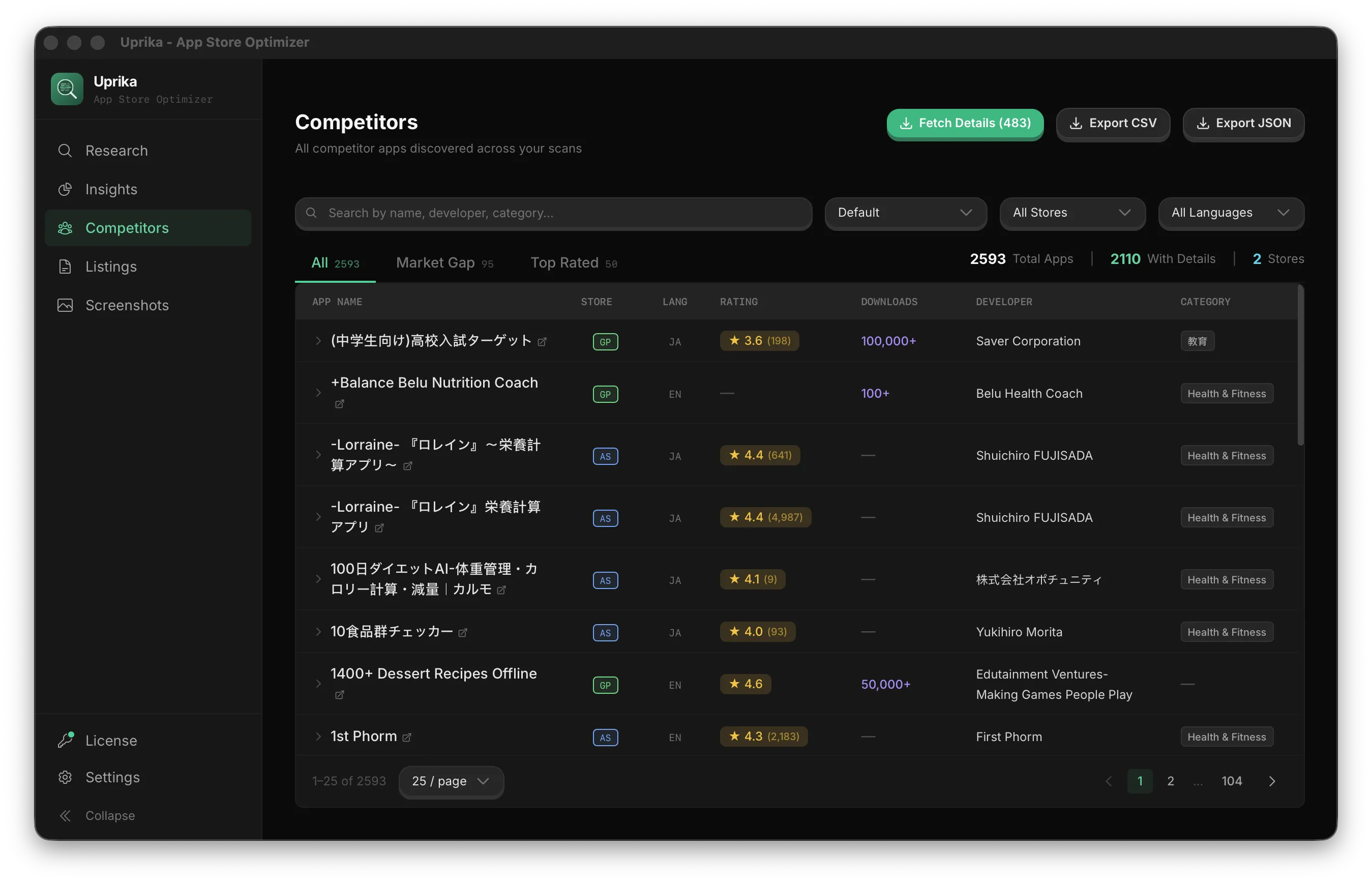 Competitors page showing discovered apps with ratings, downloads, and filtering