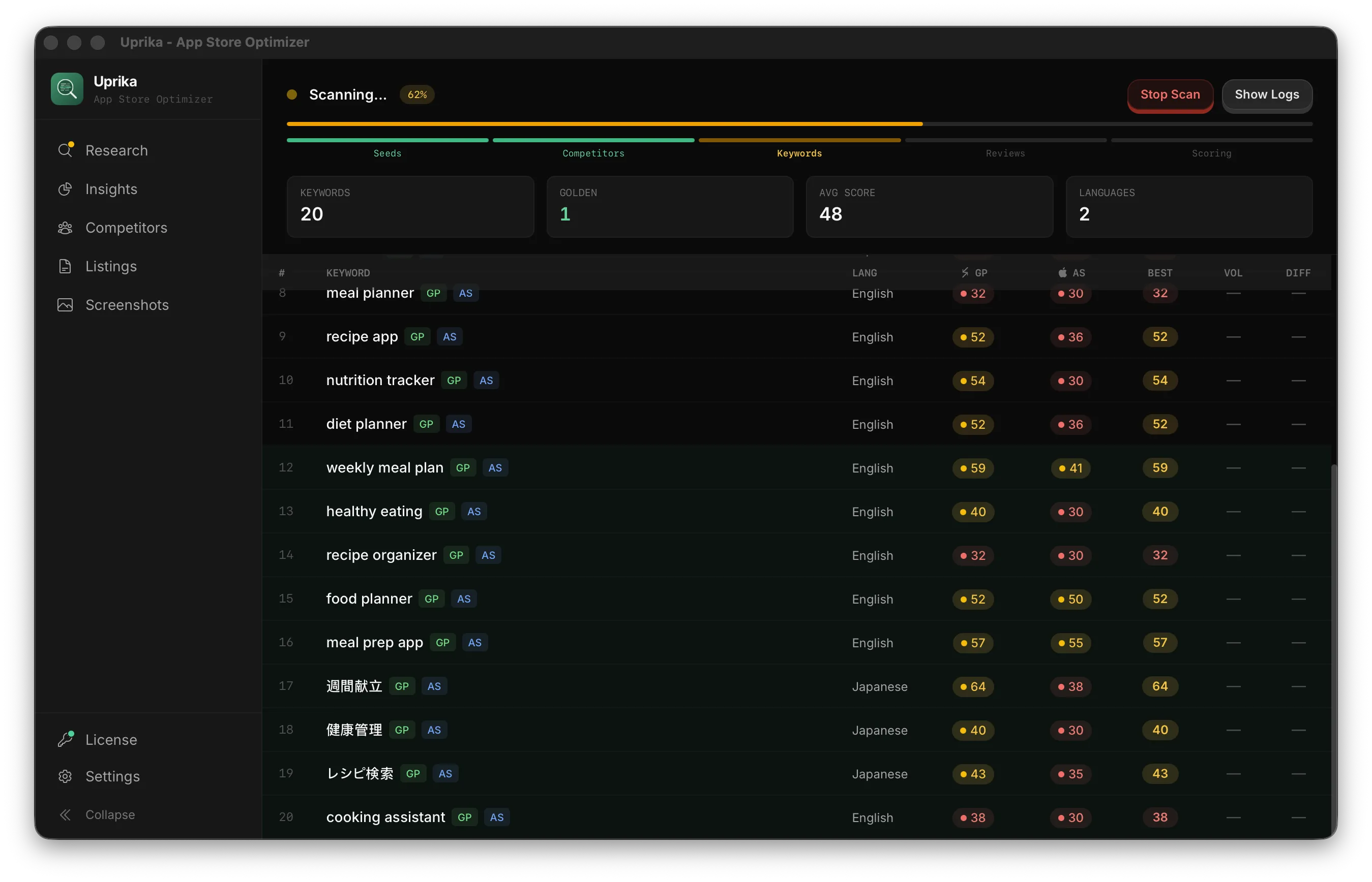 Uprika ASO tool — live keyword scan across App Store and Google Play